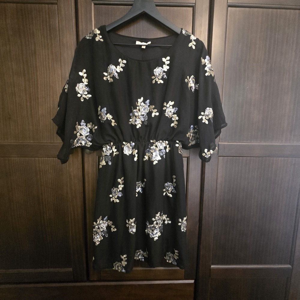 Skies Are Blue Blouson Dress Sequin Beading Floral Metallic Dolman Sleeve XS